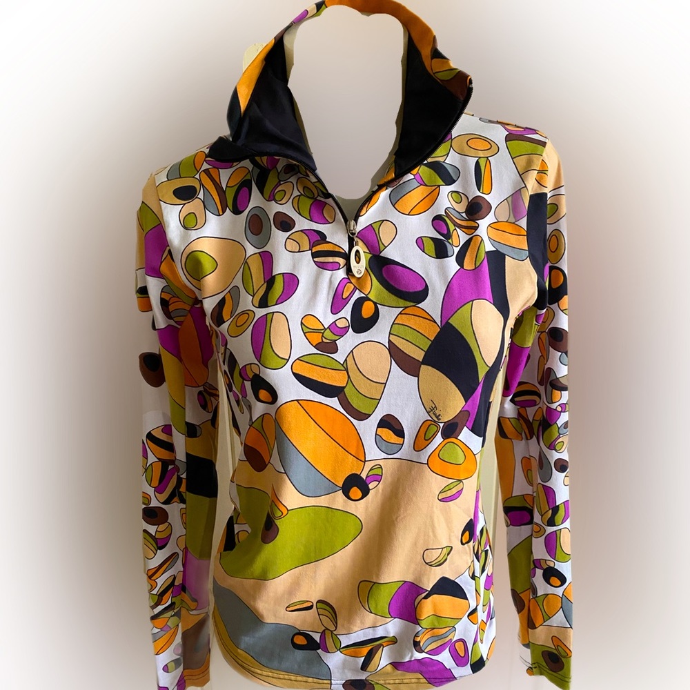 Emilio Pucci top, Quarter Zip - M orange , tan purple , polyester spandex.